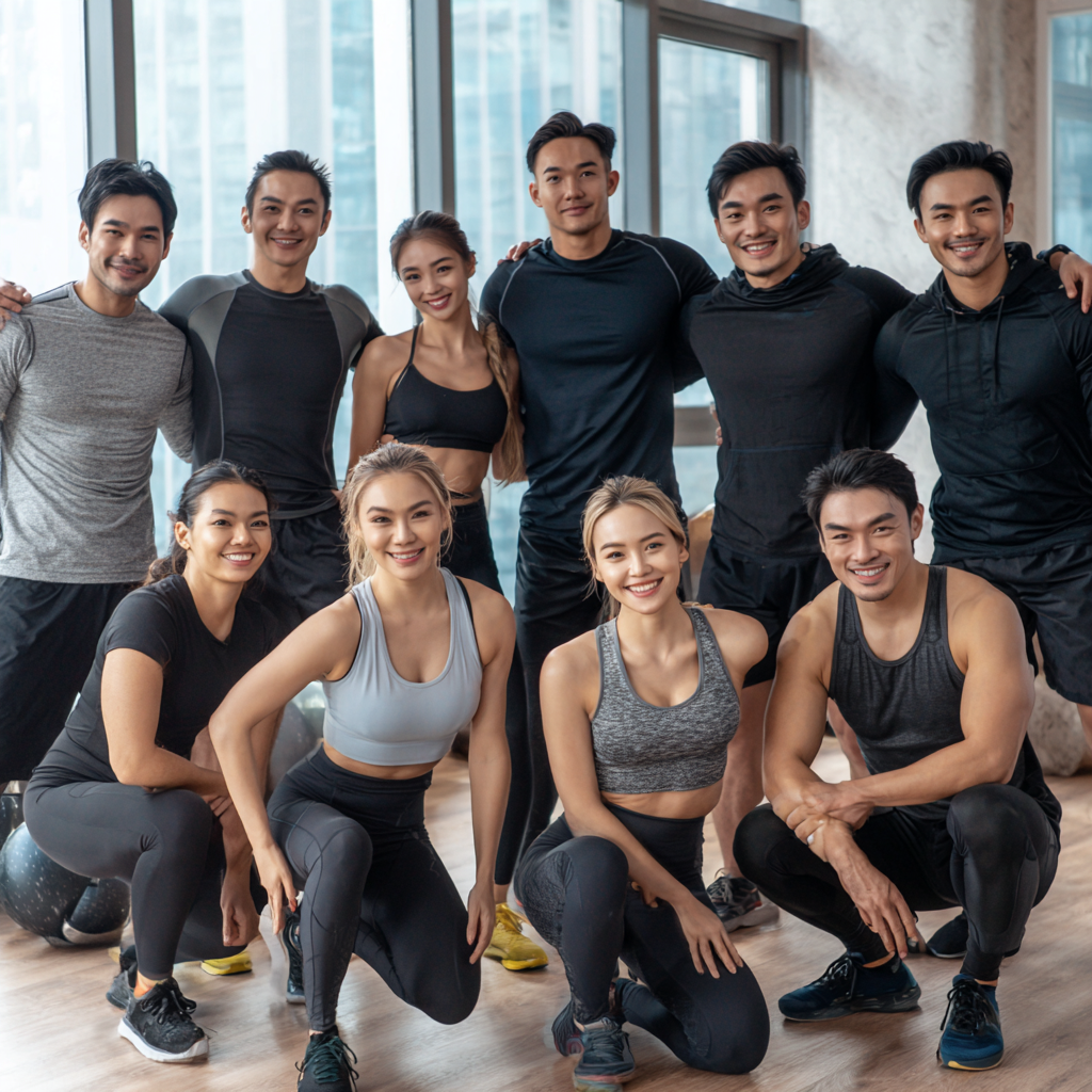 Smiling middle-aged Kazakh man in athletic wear stretching outdoors in a park setting