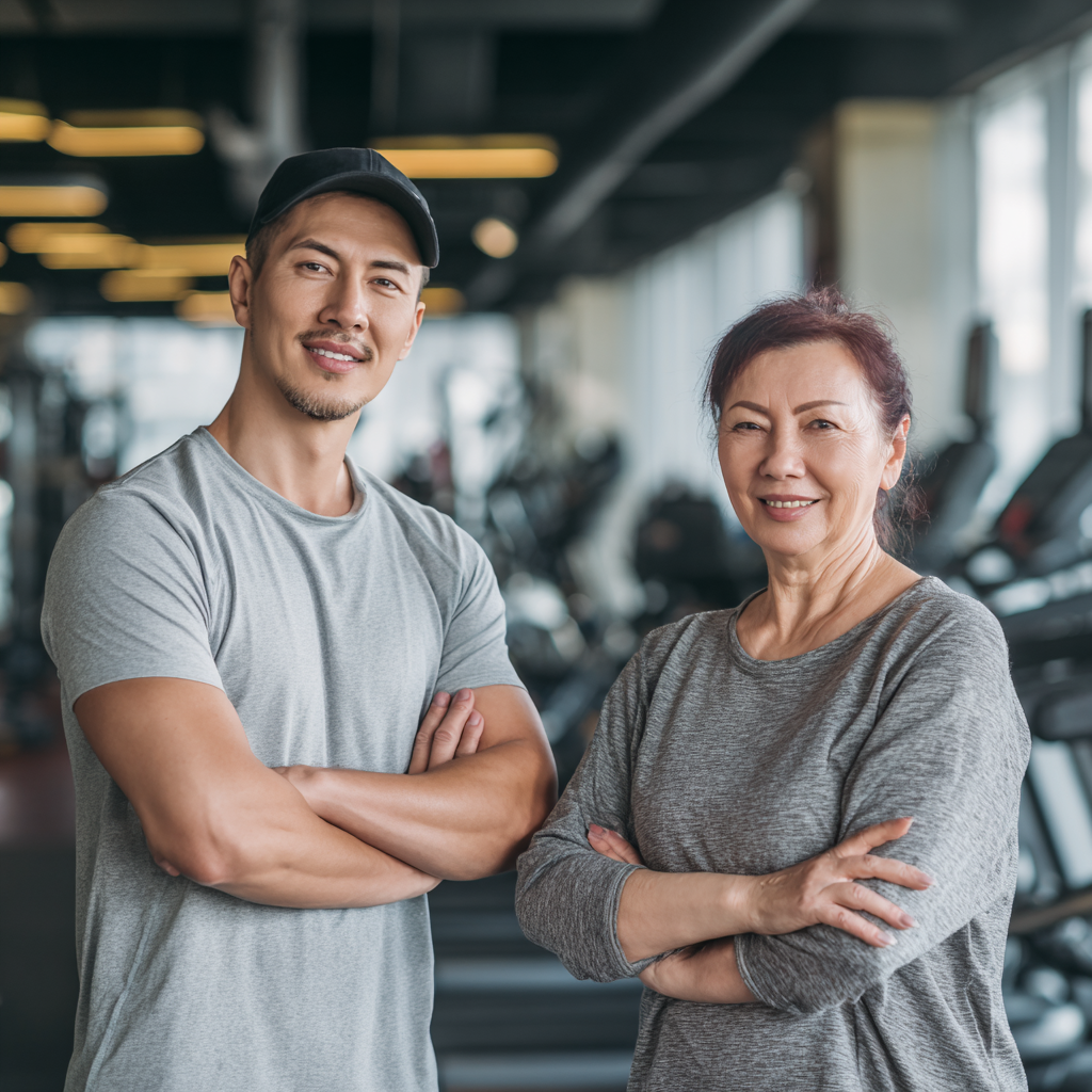 Smiling elderly Kazakh woman in comfortable workout clothes doing light exercises in a bright fitness studio